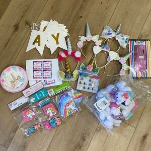 Girls Unicorn party supplies headbands mood rings plush party favors cake topper